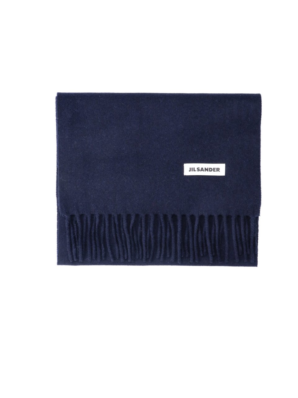Jil Sander Rectangular Navy Blue Virgin Wool Scarf with Logo Patch Blauw