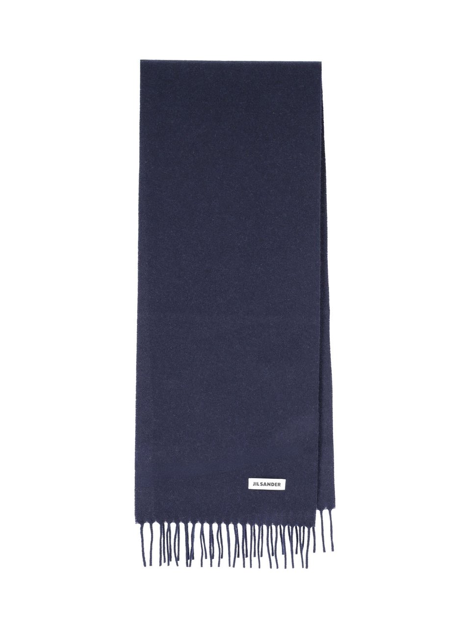 Jil Sander Rectangular Navy Blue Virgin Wool Scarf with Logo Patch Blauw