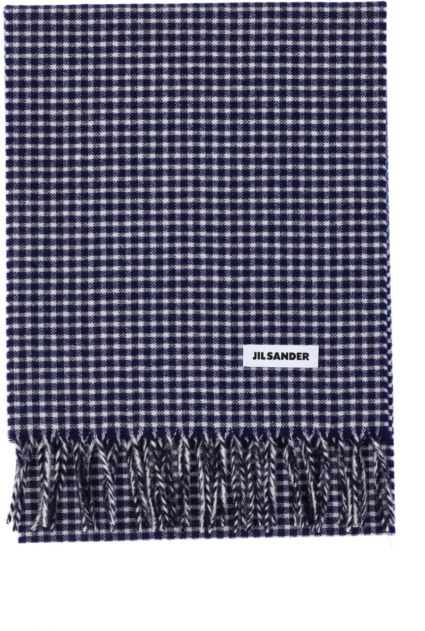Jil Sander Blue Check Virgin Wool Fringed Scarf Blauw