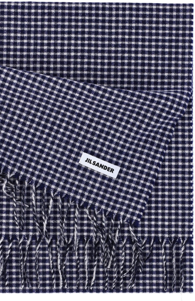 Jil Sander Blue Check Virgin Wool Fringed Scarf Blauw
