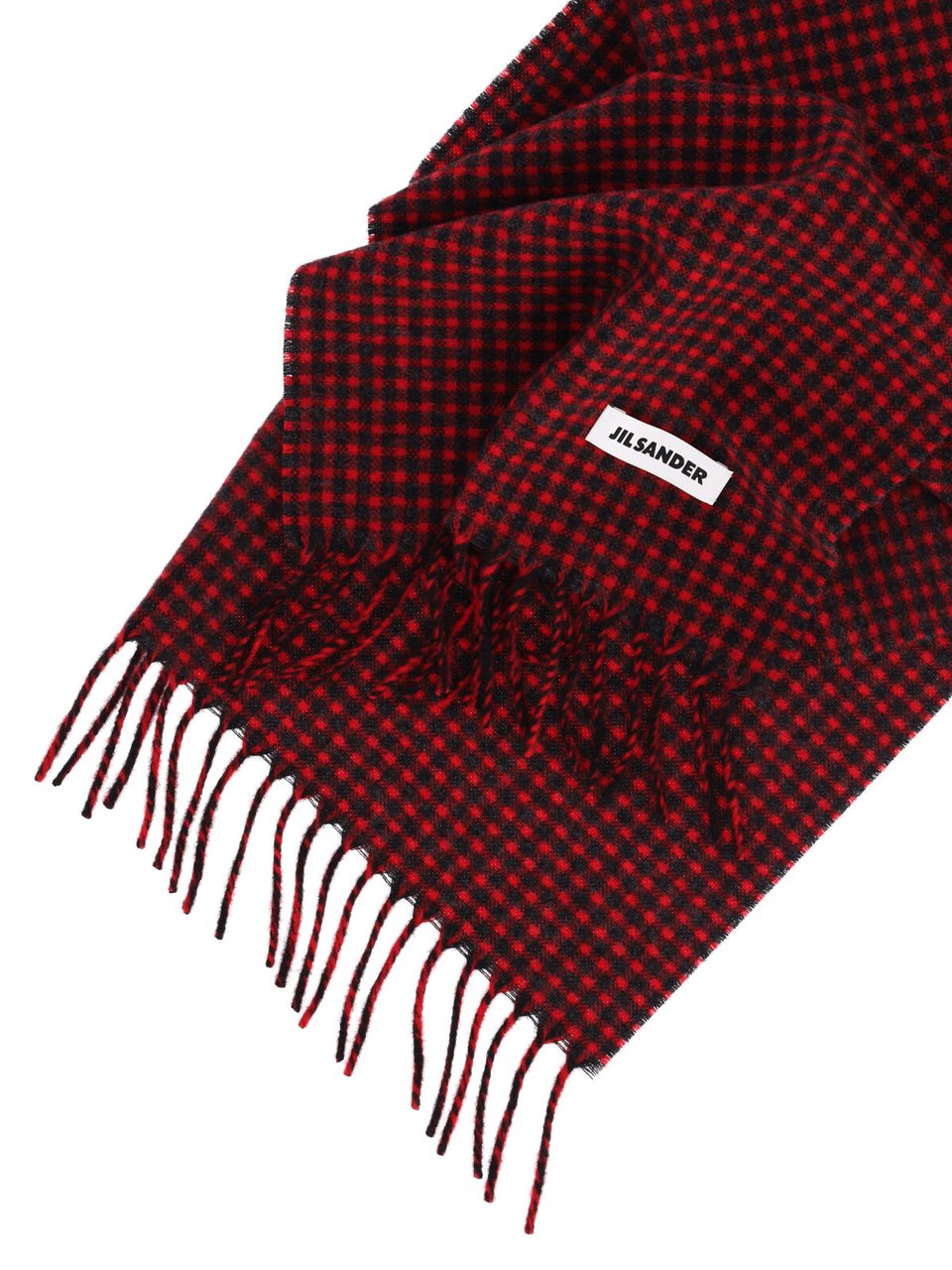 Jil Sander Checkered Virgin Wool Scarf with Fringed Edges and Logo Tag Rood