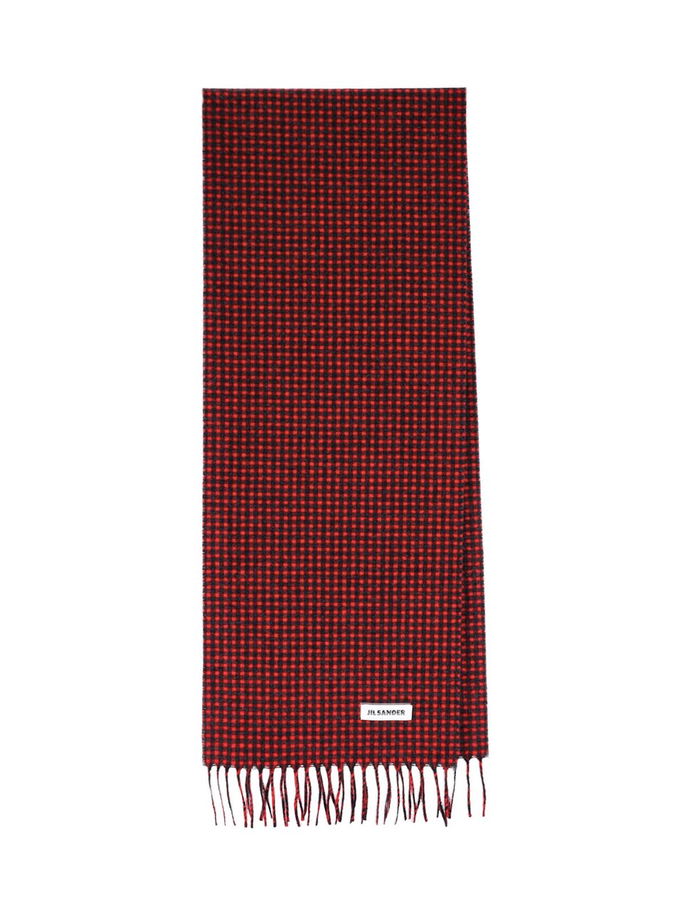 Jil Sander Checkered Virgin Wool Scarf with Fringed Edges and Logo Tag Rood