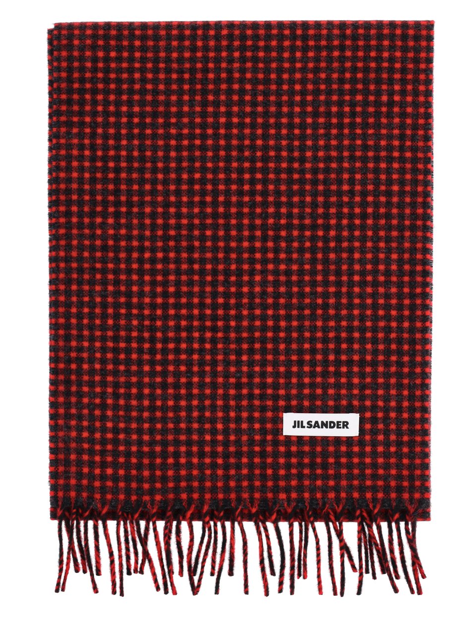 Jil Sander Checkered Virgin Wool Scarf with Fringed Edges and Logo Tag Rood
