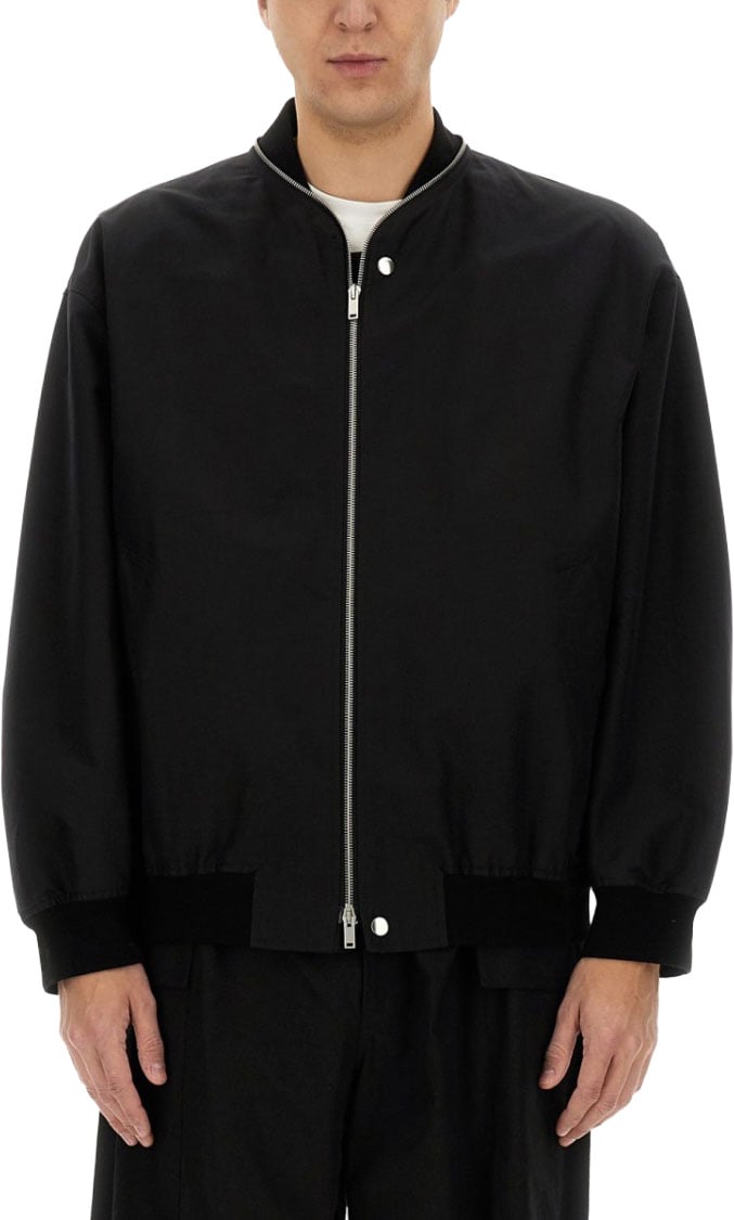 Jil Sander Oversized Cotton Bomber Jacket With Ribbed Cuffs Zwart