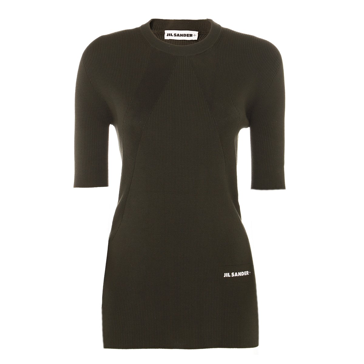 Jil Sander Minimalist Black Cotton Knit Sweater With Ribbed Texture And Logo Patch Zwart