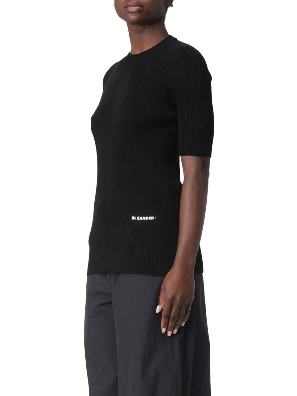 Jil Sander Black Ribbed Cotton Fitted Sweater Zwart