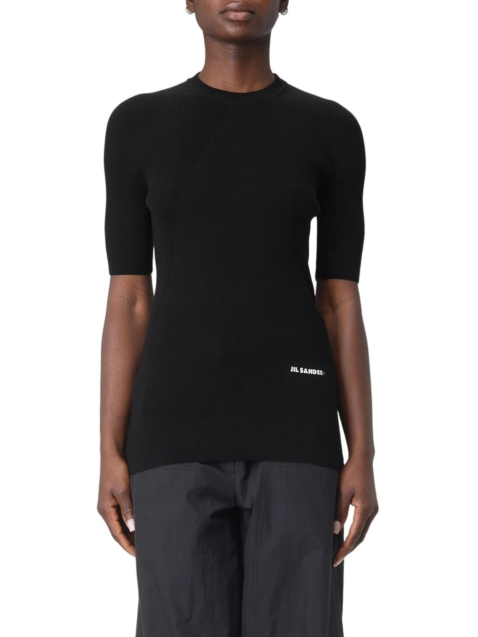 Jil Sander Black Ribbed Cotton Fitted Sweater Zwart