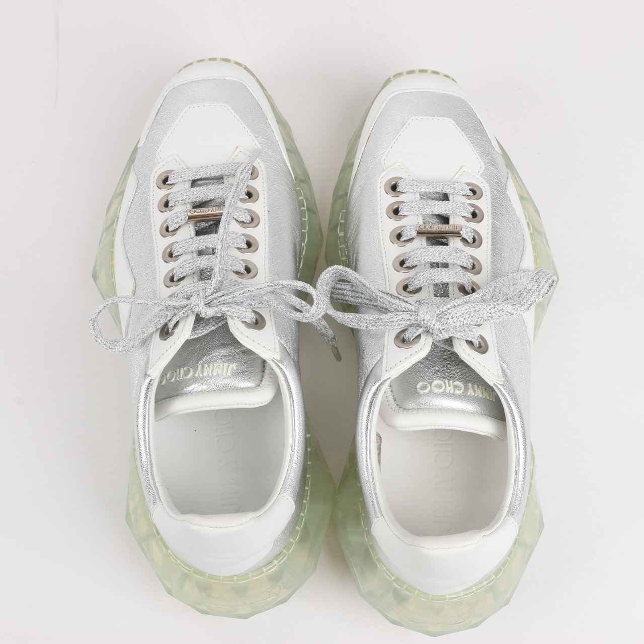 Jimmy Choo Jimmy Choo Diamond Leather Sneakers in White x Silver, Size 38 EU Wit