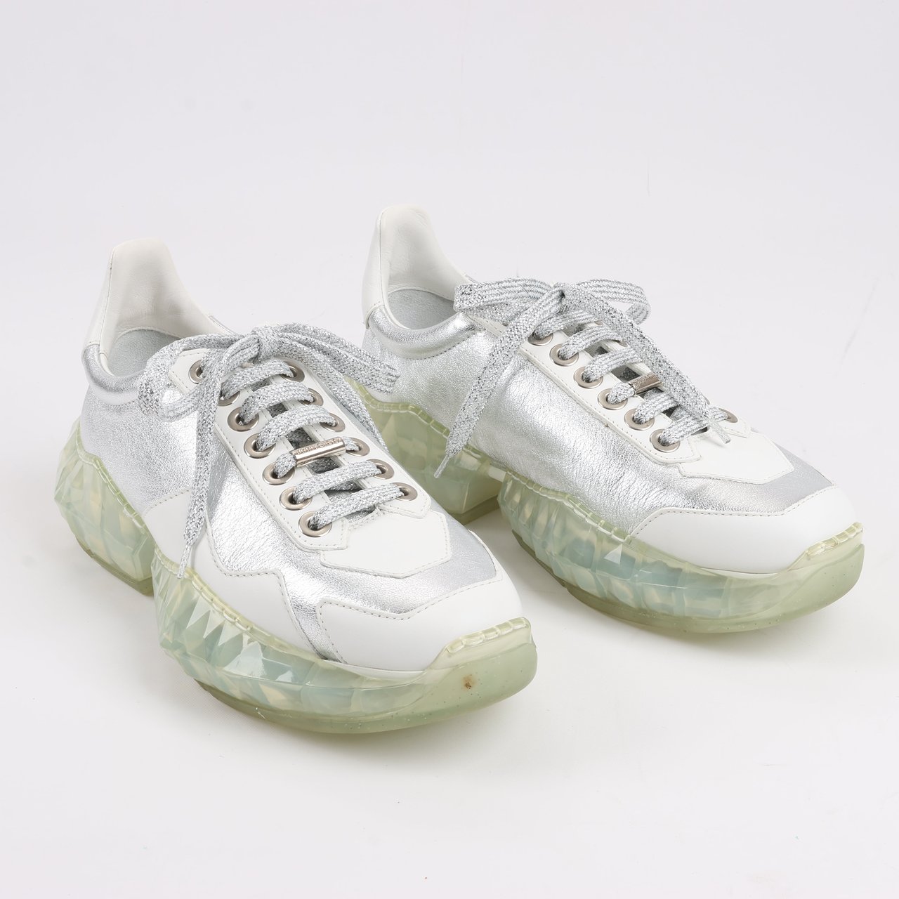 Jimmy Choo Jimmy Choo Diamond Leather Sneakers in White x Silver, Size 38 EU Wit
