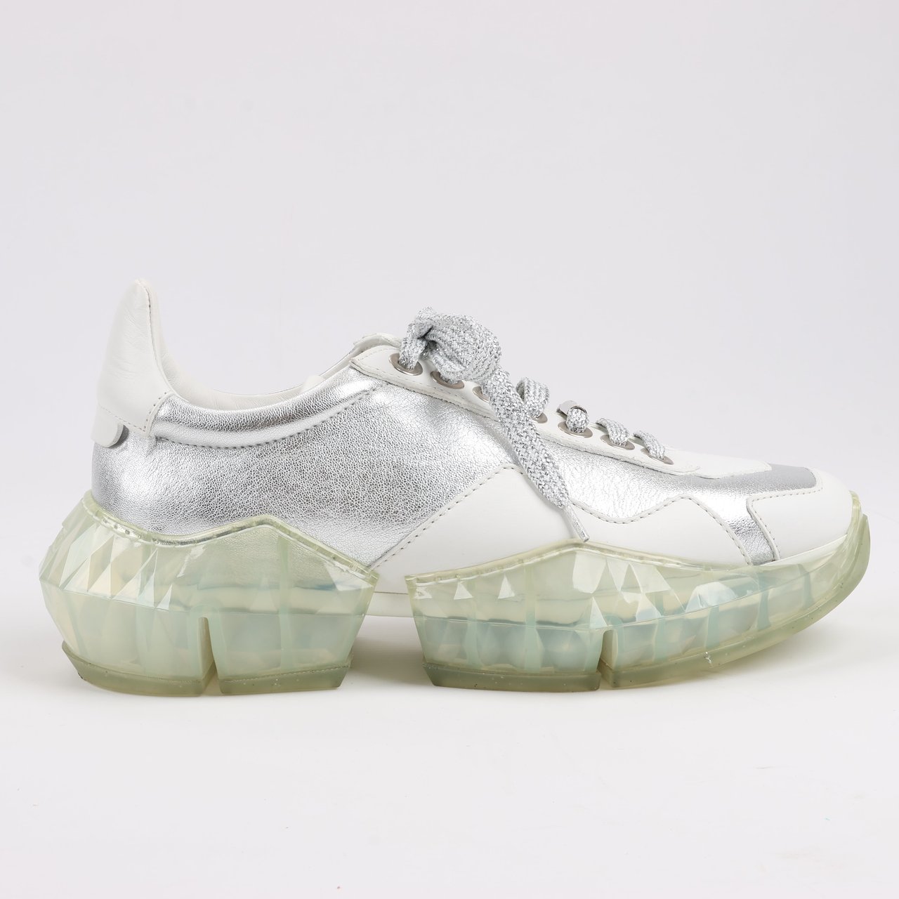 Jimmy Choo Jimmy Choo Diamond Leather Sneakers in White x Silver, Size 38 EU Wit