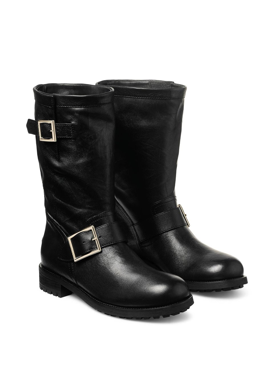 Jimmy Choo Mid-Height Black Leather Biker Boots with Adjustable Straps Zwart