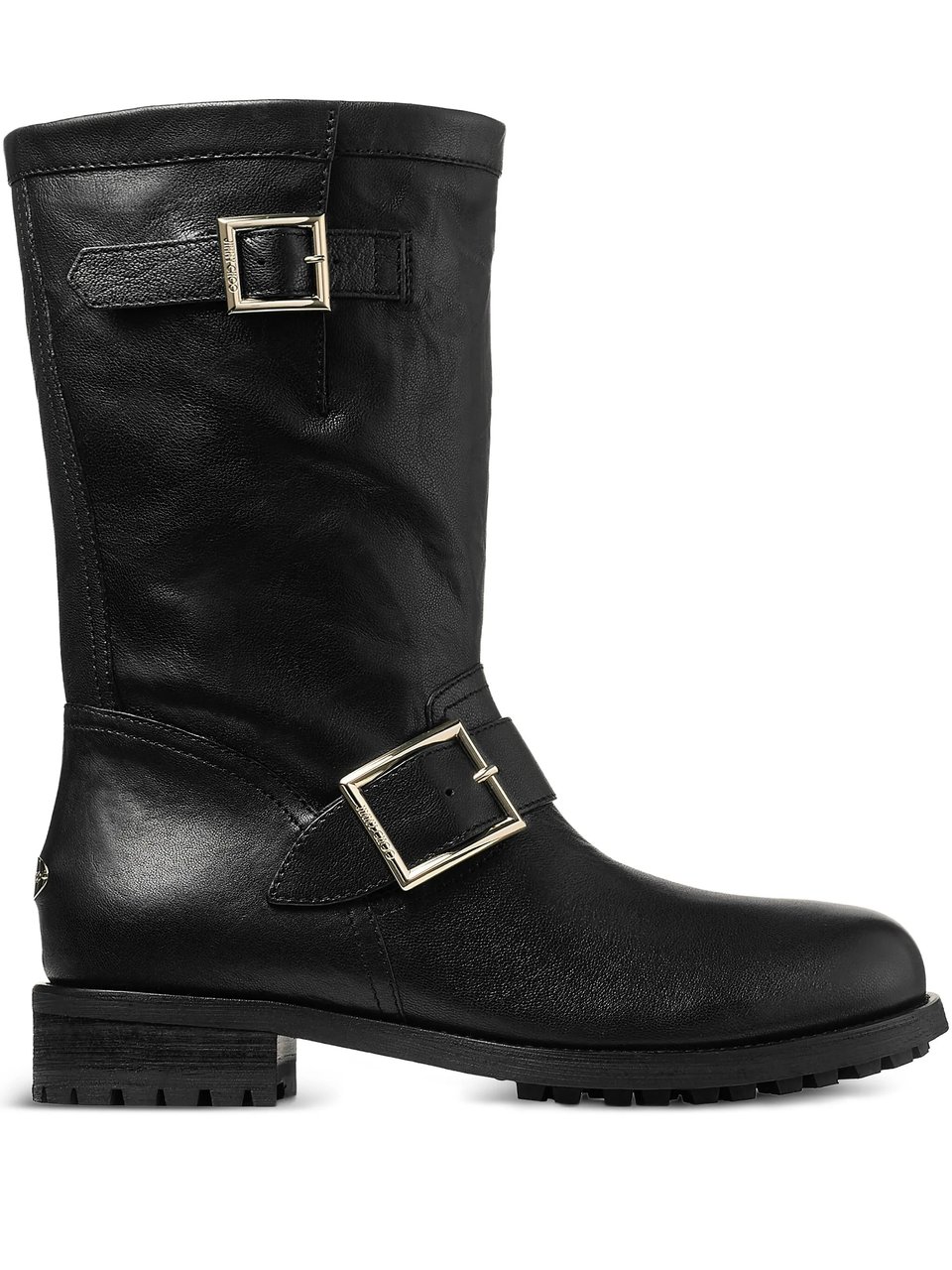 Jimmy Choo Mid-Height Black Leather Biker Boots with Adjustable Straps Zwart