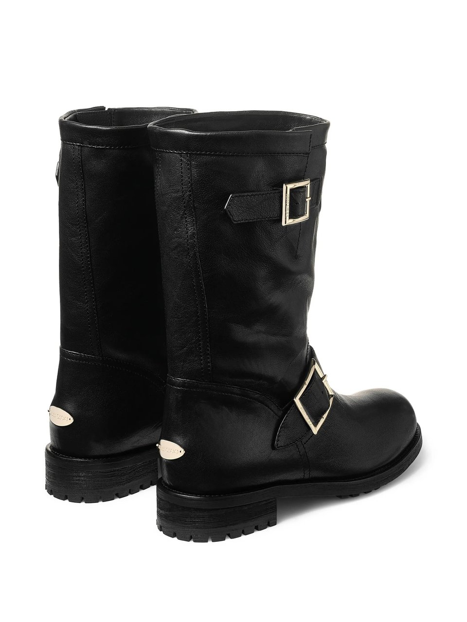 Jimmy Choo Mid-Height Black Leather Biker Boots with Adjustable Straps Zwart