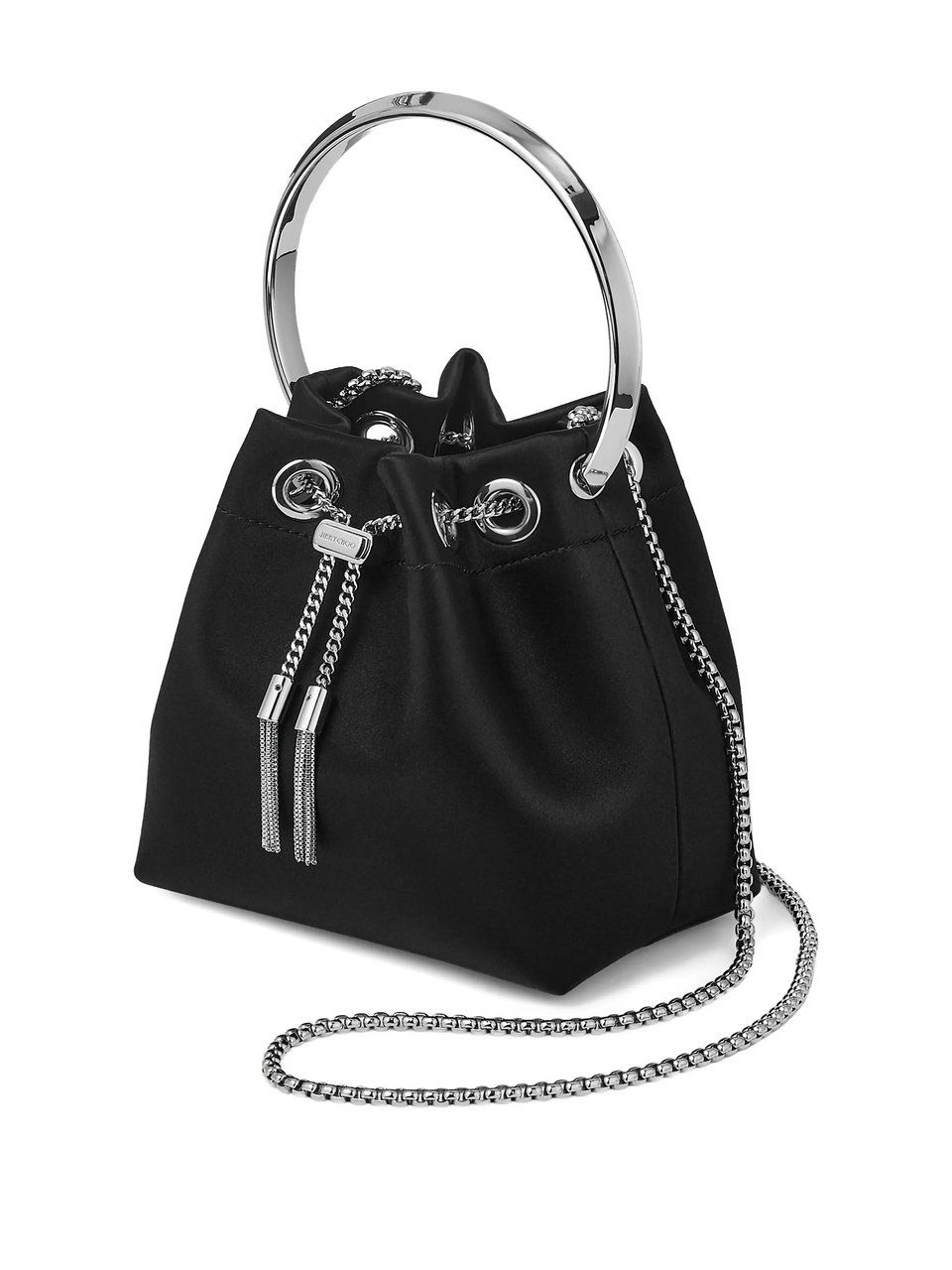 Jimmy Choo Small Satin Bucket Bag with Silver Chain Tassels Zwart