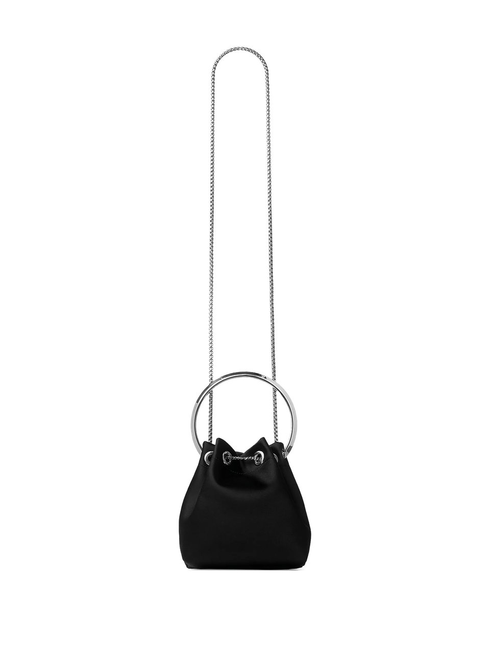 Jimmy Choo Small Satin Bucket Bag with Silver Chain Tassels Zwart