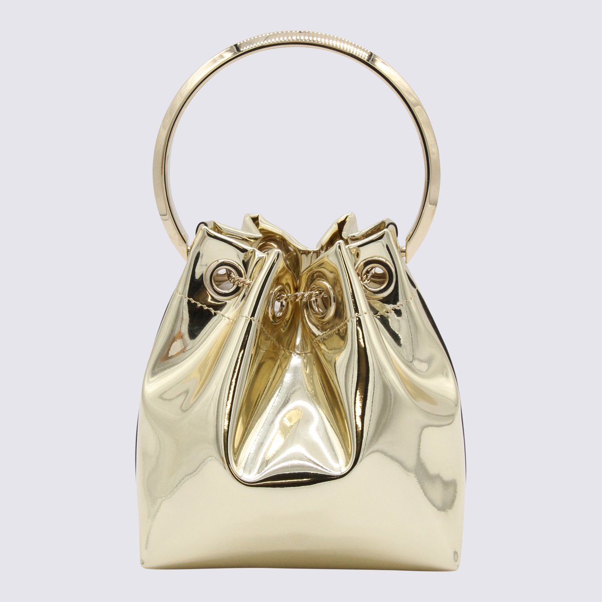 Jimmy Choo Metallic Bucket Bag With Circular Handle And Chain Tassels Neutraal