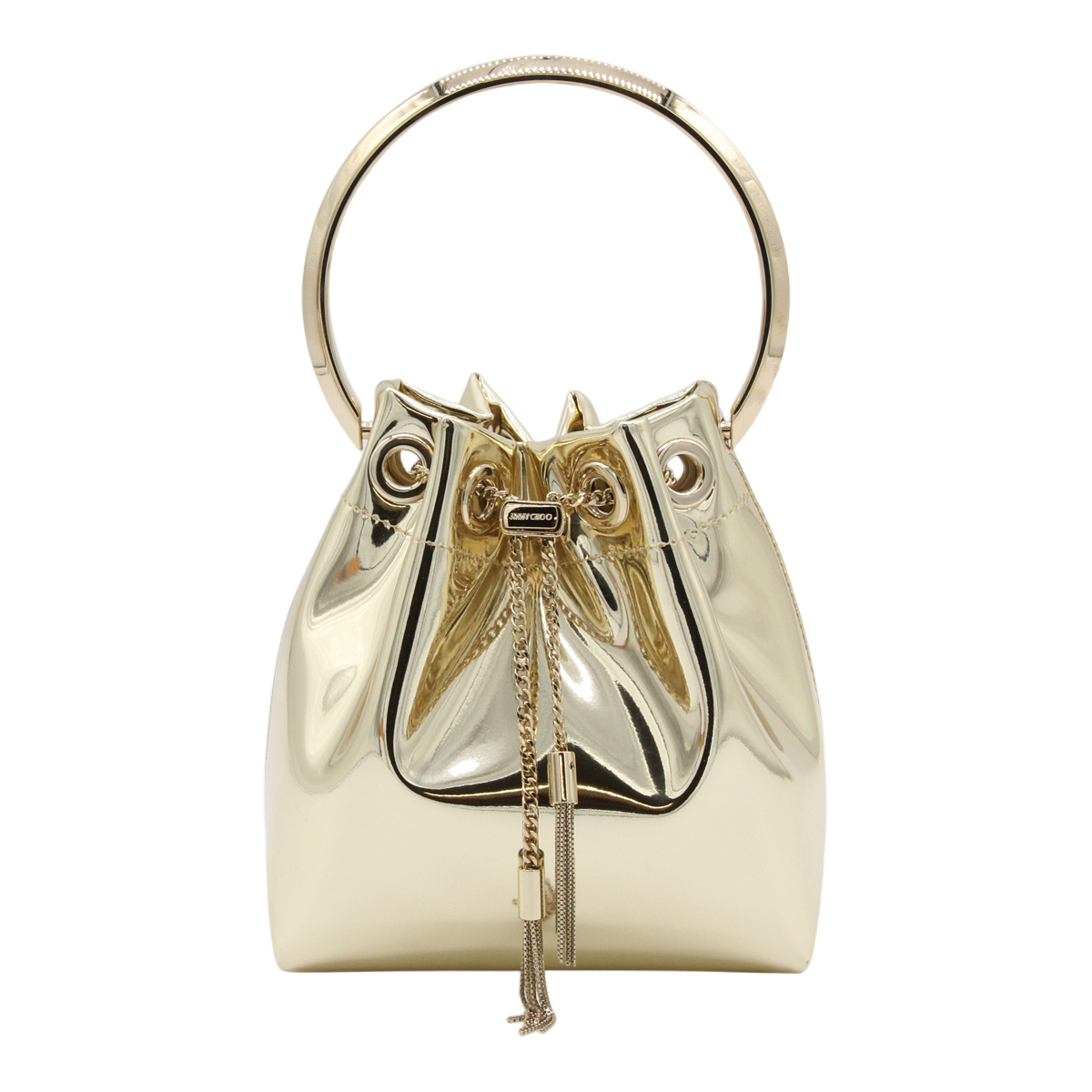 Jimmy Choo Metallic Bucket Bag With Circular Handle And Chain Tassels Neutraal