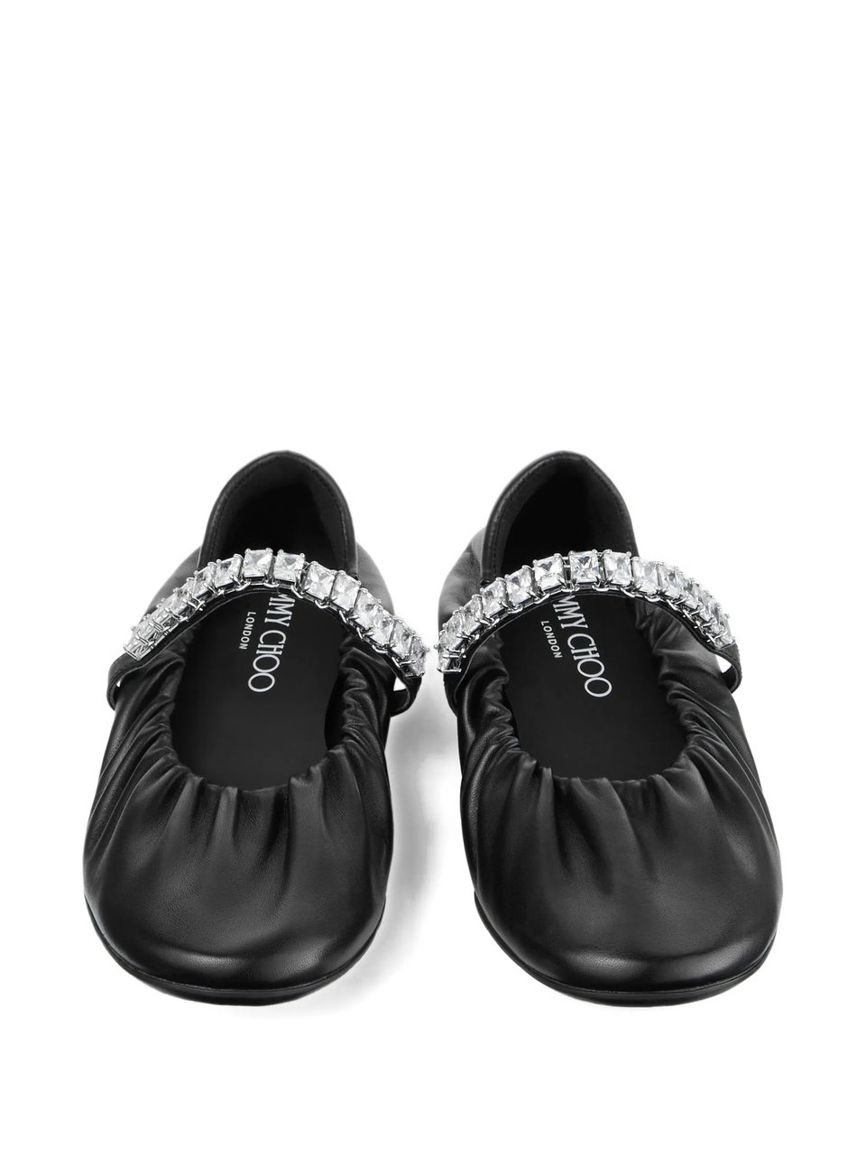 Jimmy Choo Soft Ruched Nappa Leather Ballerina Flats With Crystal Strap Zwart