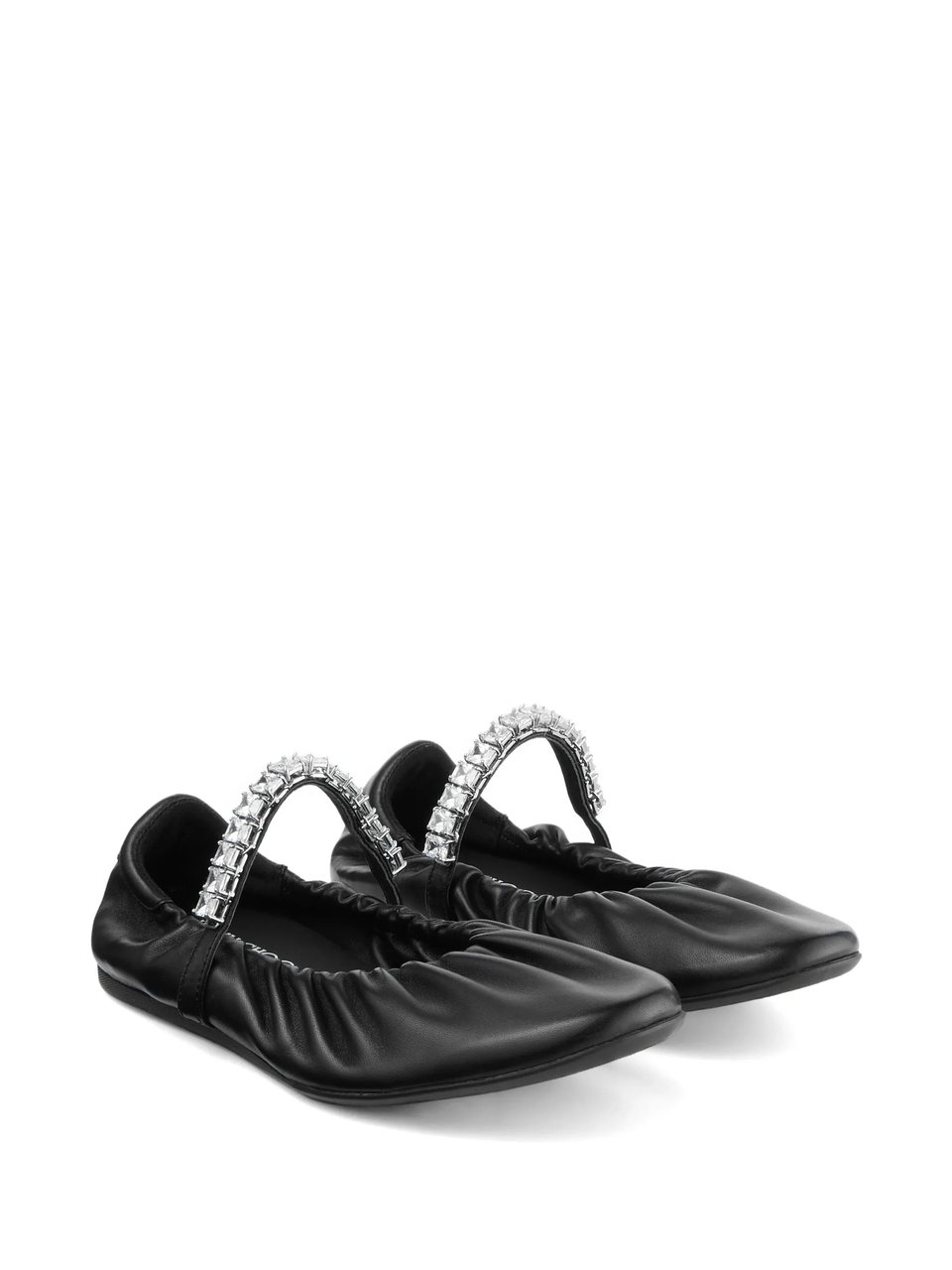 Jimmy Choo Soft Ruched Nappa Leather Ballerina Flats With Crystal Strap Zwart