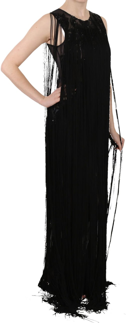John Richmond Black Silk Beaded Sequined Sheer Dress Zwart