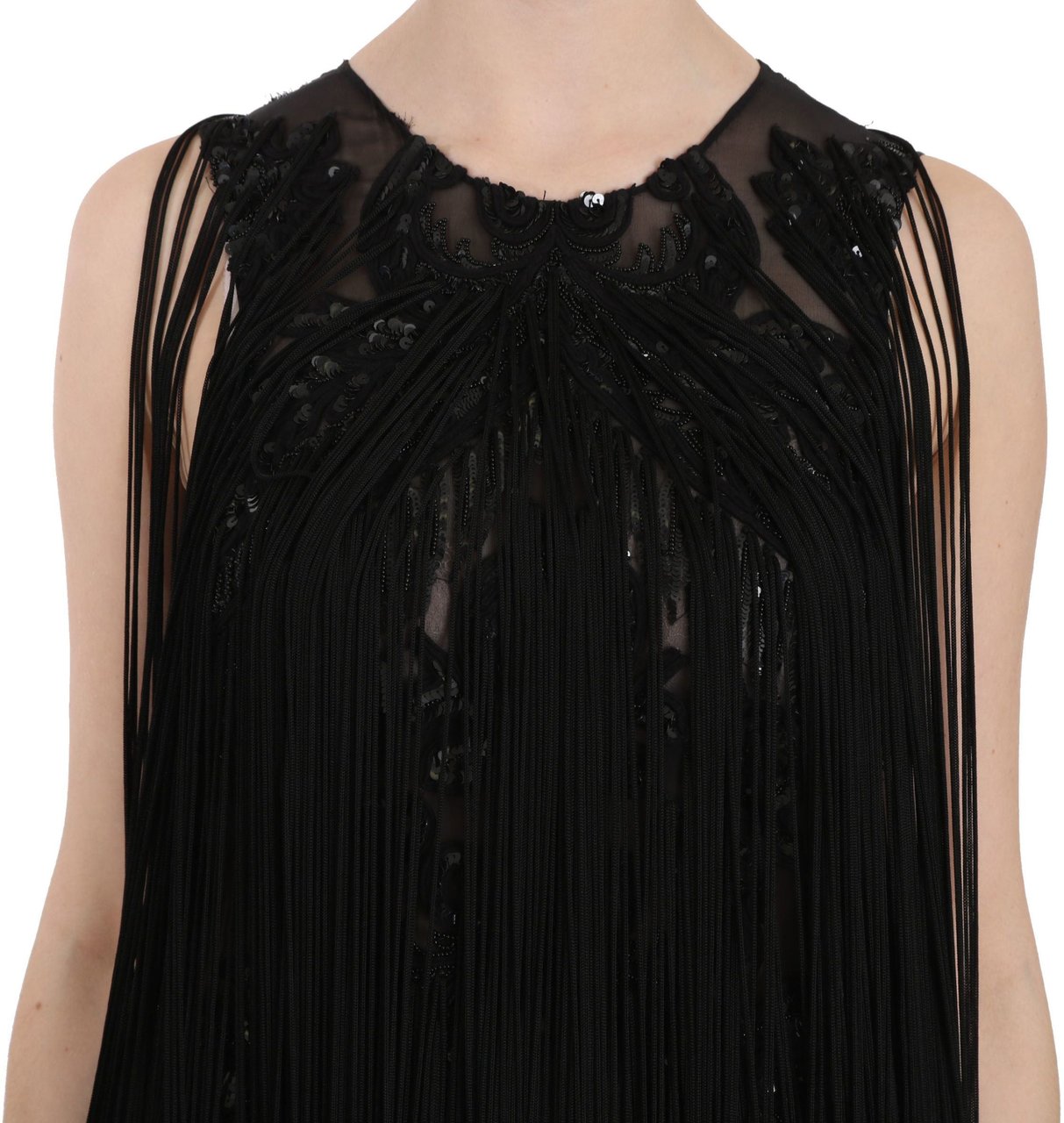 John Richmond Black Silk Beaded Sequined Sheer Dress Zwart
