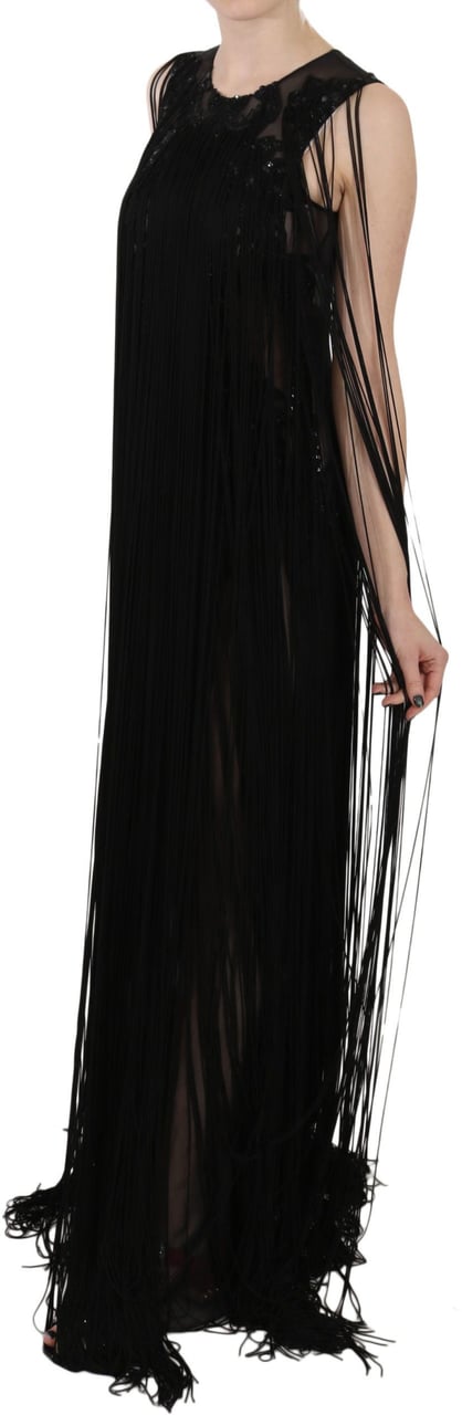 John Richmond Black Silk Beaded Sequined Sheer Dress Zwart