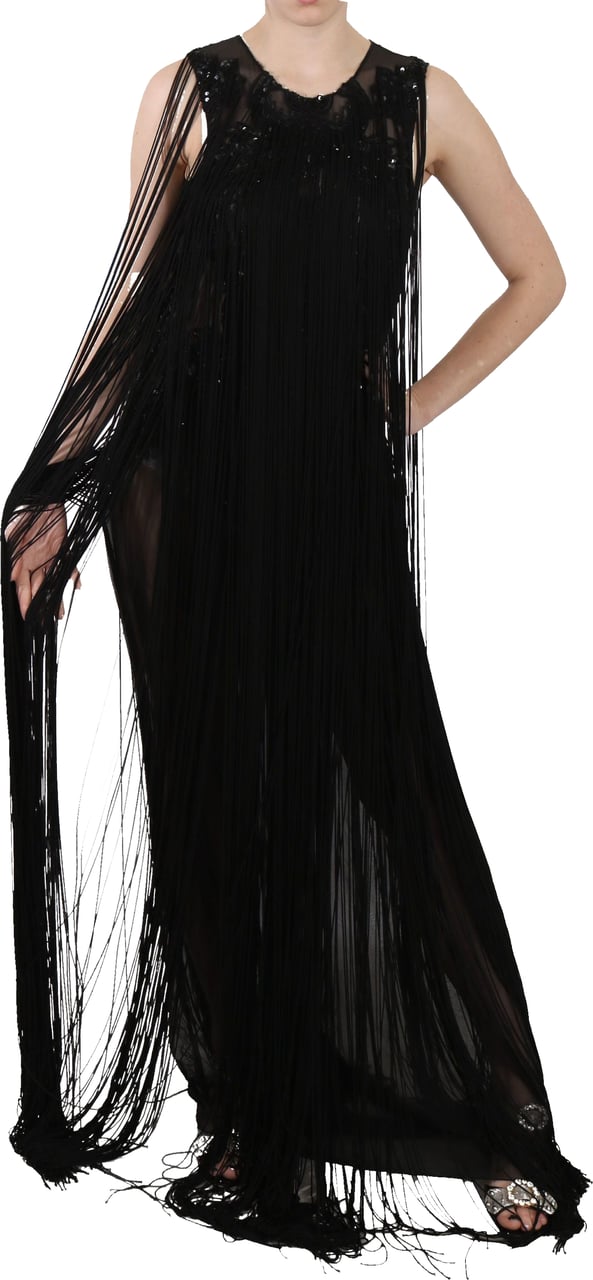 John Richmond Black Silk Beaded Sequined Sheer Dress Zwart