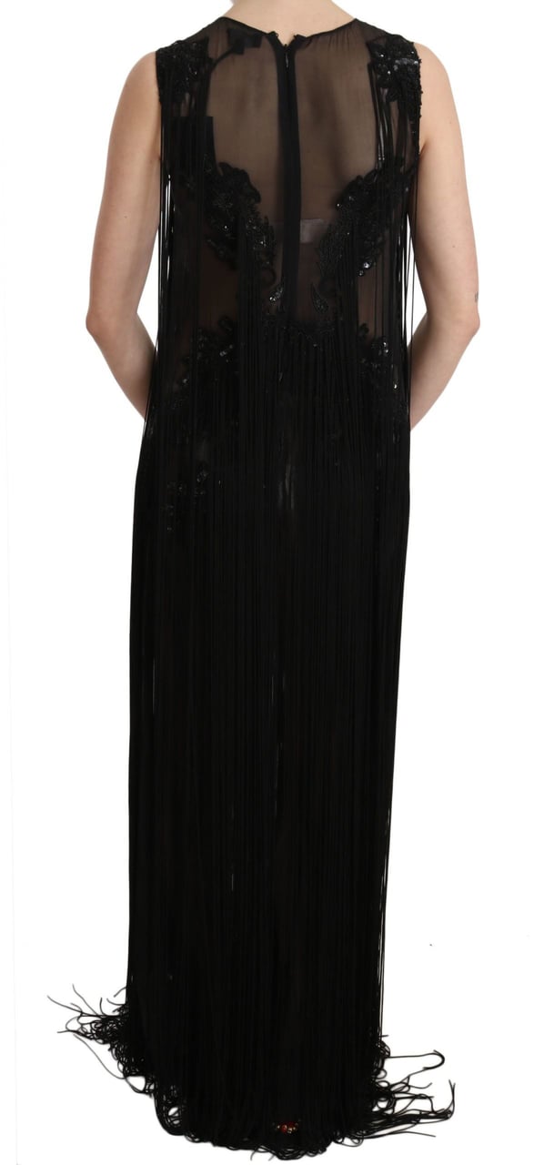 John Richmond Black Silk Beaded Sequined Sheer Dress Zwart