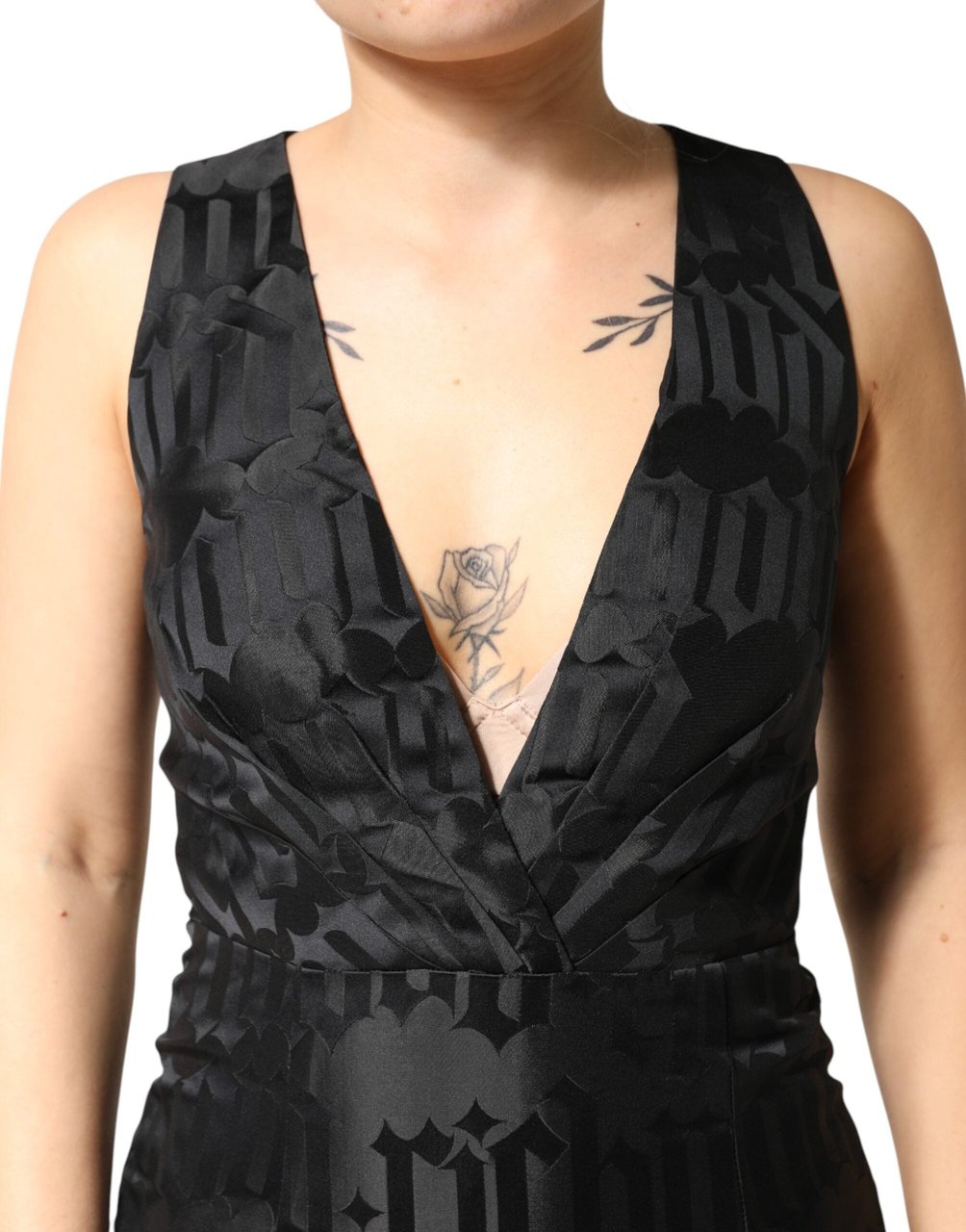 John Richmond Black Jacquard Deep V-neck Sleeveless 2 Pc Dress Zwart