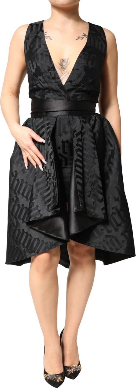 John Richmond Black Jacquard Deep V-neck Sleeveless 2 Pc Dress Zwart