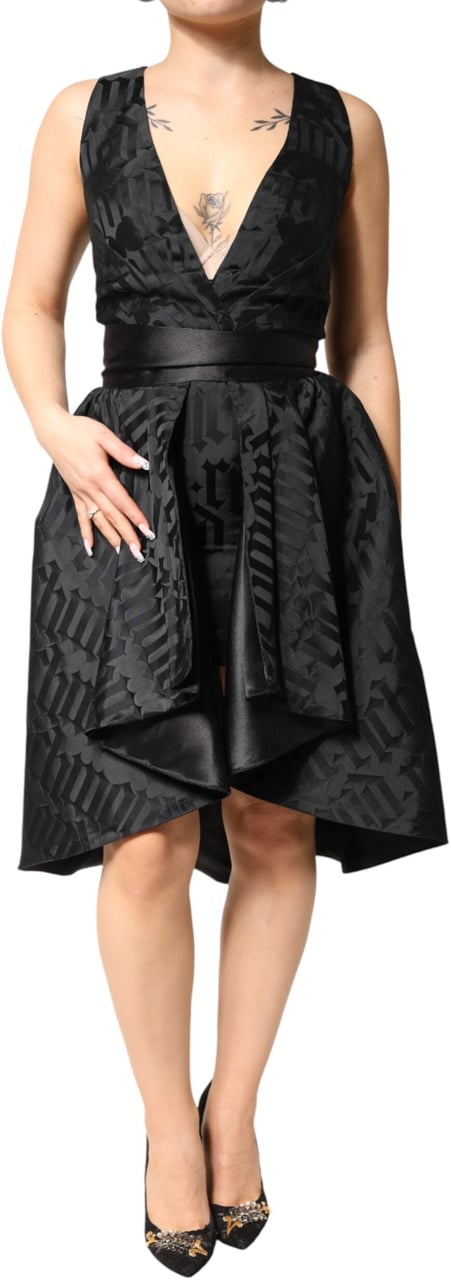 John Richmond Black Jacquard Deep V-neck Sleeveless 2 Pc Dress Zwart