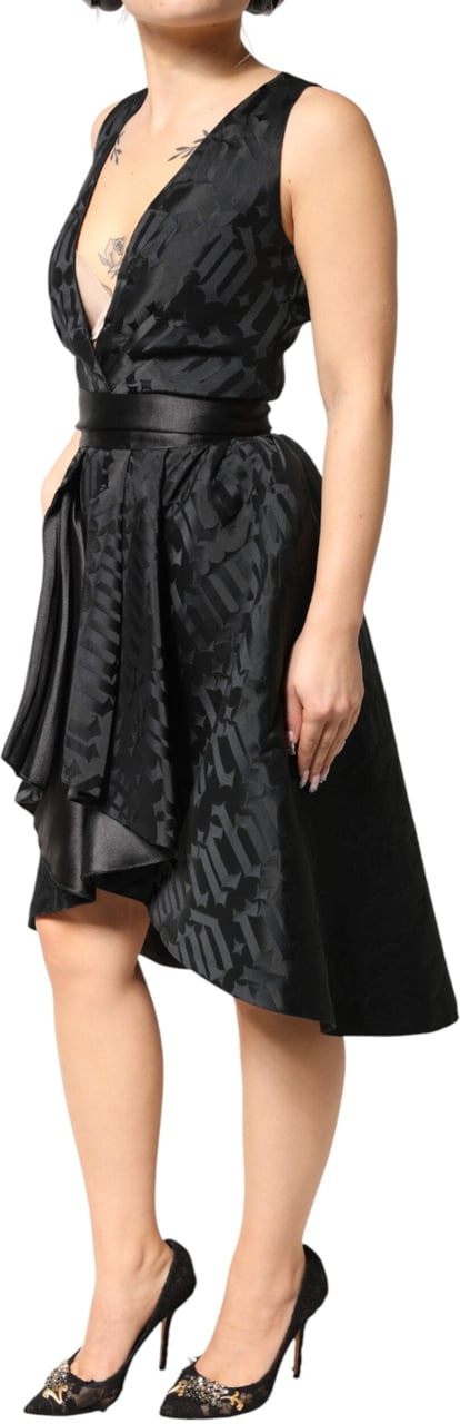 John Richmond Black Jacquard Deep V-neck Sleeveless 2 Pc Dress Zwart