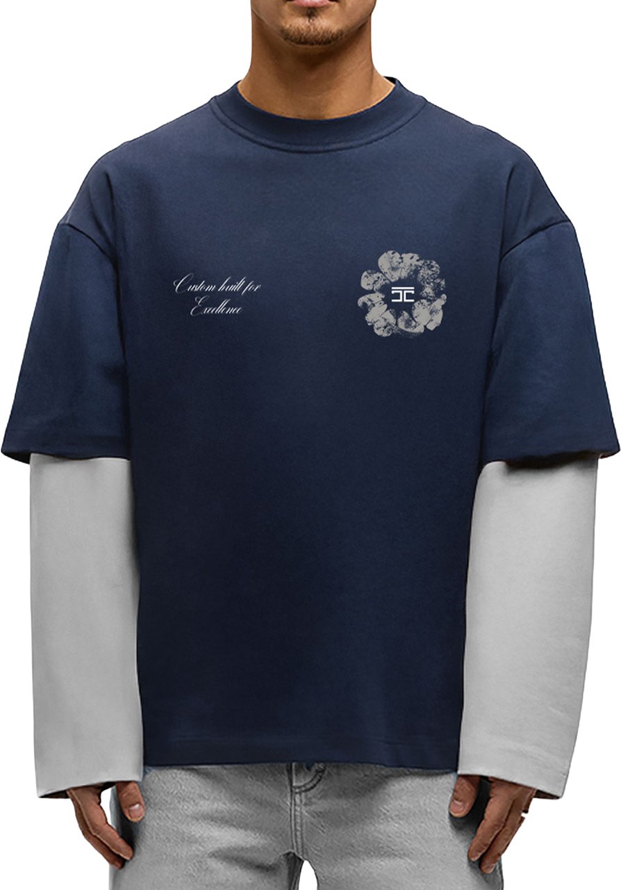 Jorcustom Flowers Double Layered Longsleeve T-Shirt M-SS26-DLLSTSHIRT-FLOWERS MidnightBlue-LightGrey Lichtgrijs