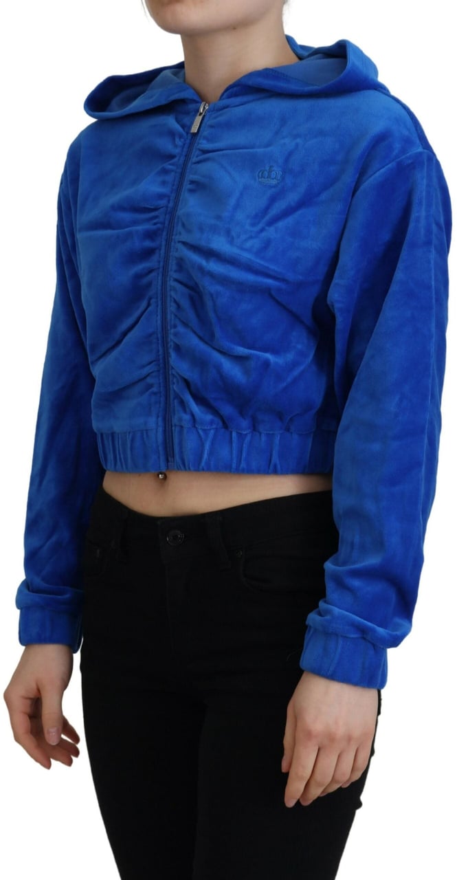 Juicy Couture Blue Cotton Full Zip Cropped Hooded Sweatshirt Sweater Blauw