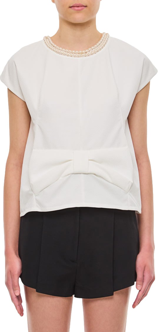 Junya Watanabe Textured Blouse with Pearl Jewel Neckline and Cape Sleeves Wit