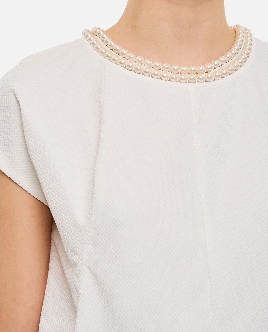 Junya Watanabe Textured Blouse with Pearl Jewel Neckline and Cape Sleeves Wit