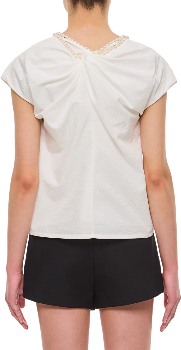 Junya Watanabe Textured Blouse with Pearl Jewel Neckline and Cape Sleeves Wit
