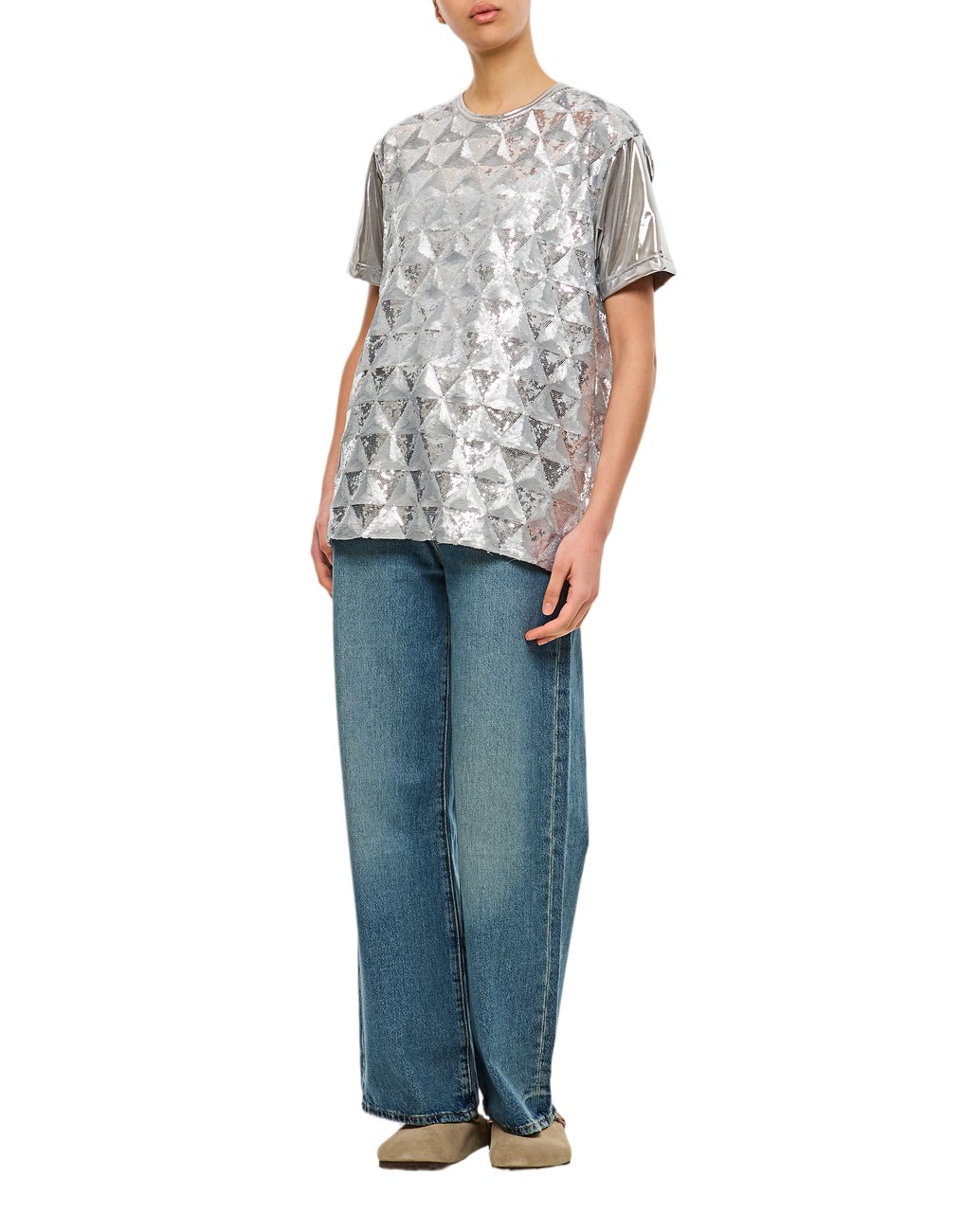 Junya Watanabe Geometric Sequin-Embellished Crew-Neck T-Shirt Zilver