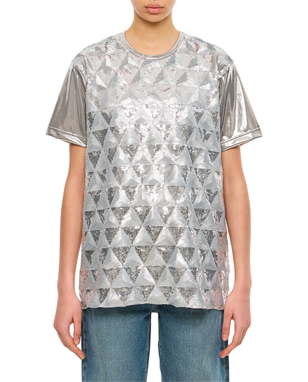 Junya Watanabe Geometric Sequin-Embellished Crew-Neck T-Shirt Zilver