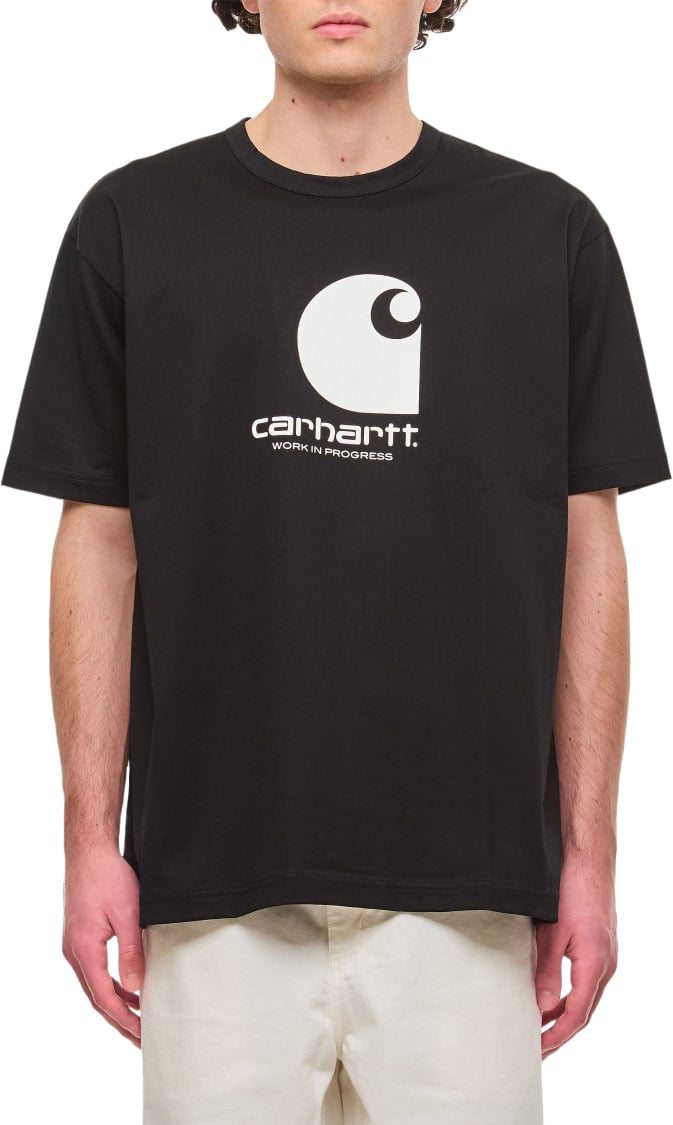 Junya Watanabe Short Sleeve Crewneck T-Shirt with Bold Frontal Print Zwart