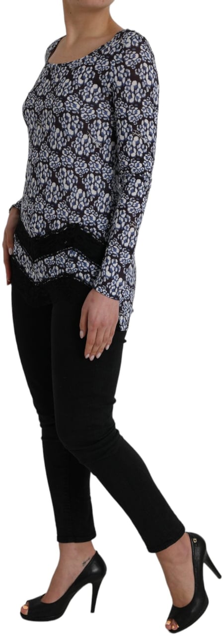 Just Cavalli Blue Floral Lace Long Sleeves Top Underwear Blouse Blauw