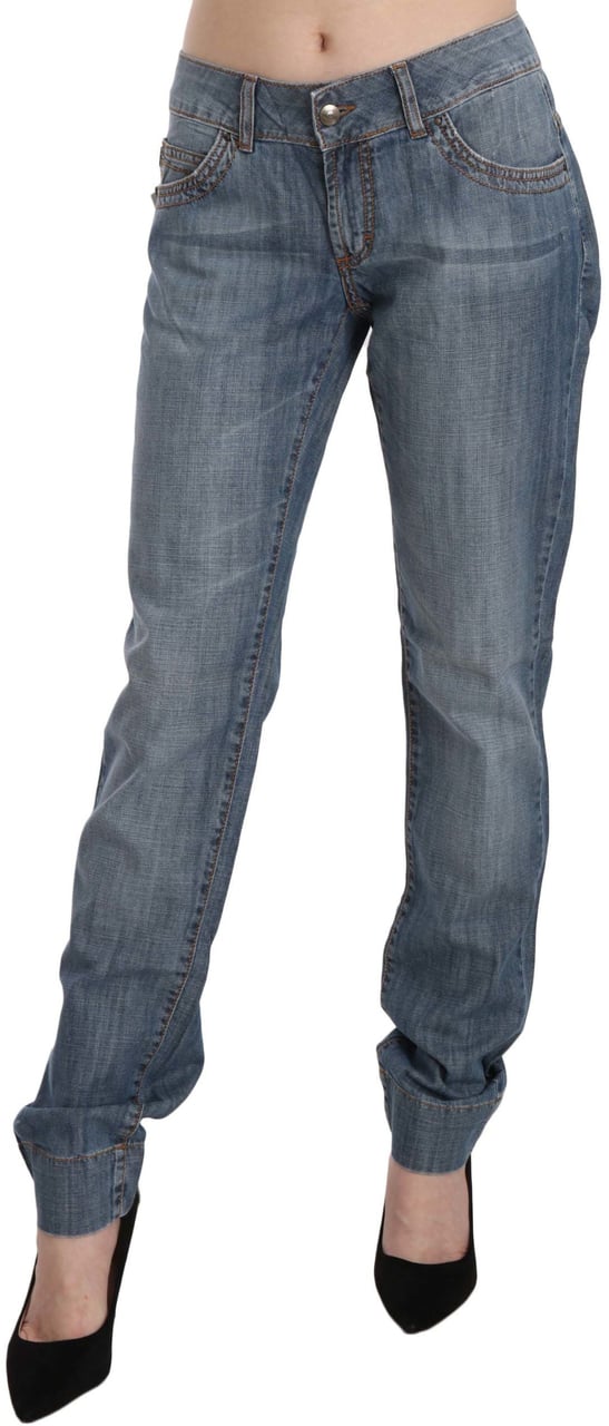 Just Cavalli Blue Washed Cotton Low Waist Slim Fit Denim Pants Blauw