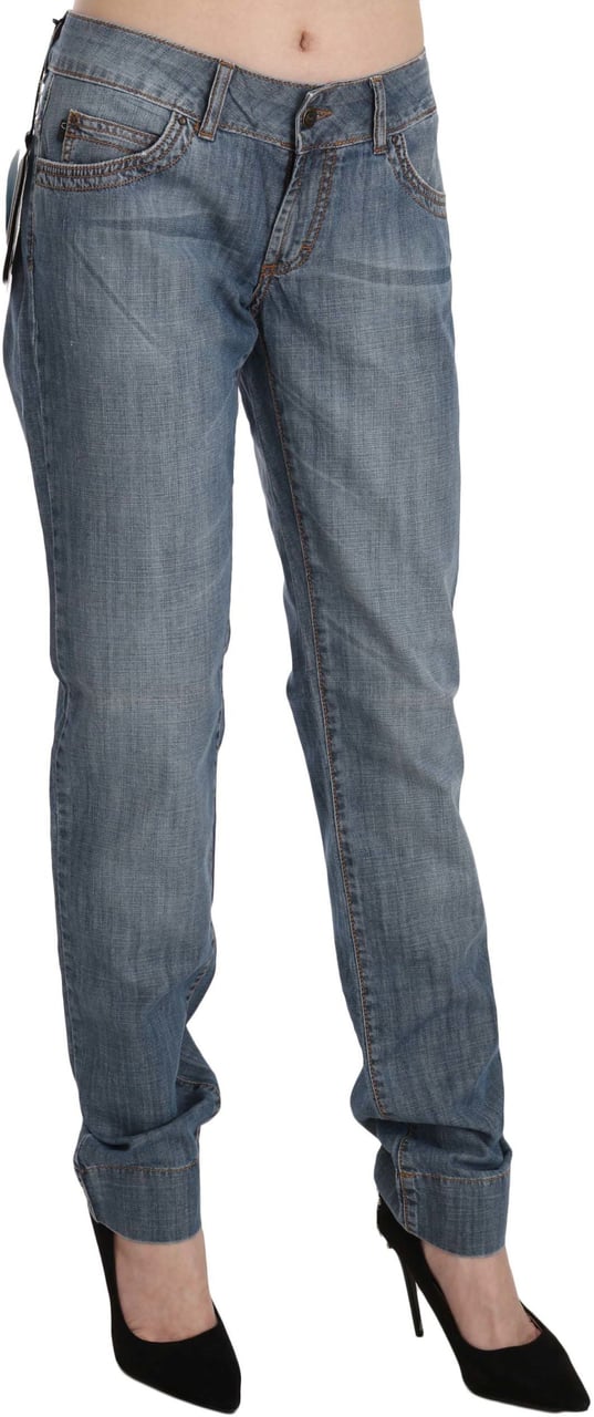 Just Cavalli Blue Washed Cotton Low Waist Slim Fit Denim Pants Blauw