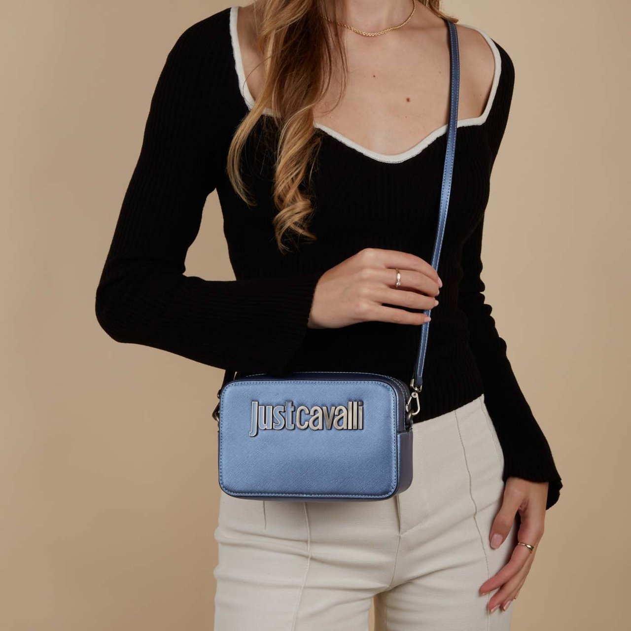 Just Cavalli Metal Kunstleer Crossbody Tas Blauw