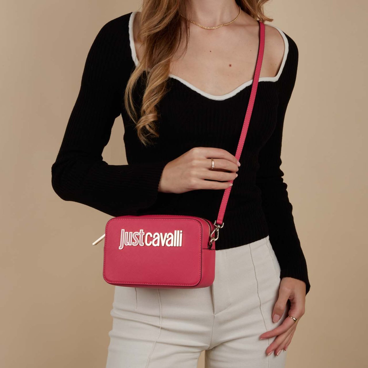 Just Cavalli Metal Kunstleer Crossbody Tas Roze