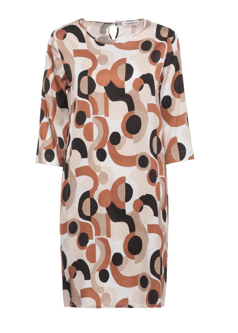 Kangra Ivory Viscose Dress With Abstract Pattern And Rear Button Closure Grijs