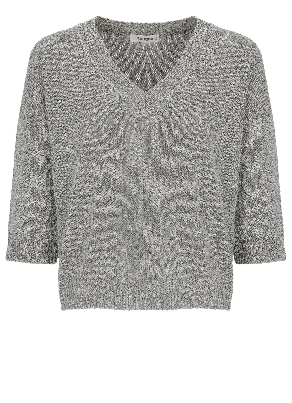 Kangra Grey Cotton-Blend V-Neck Top Grijs