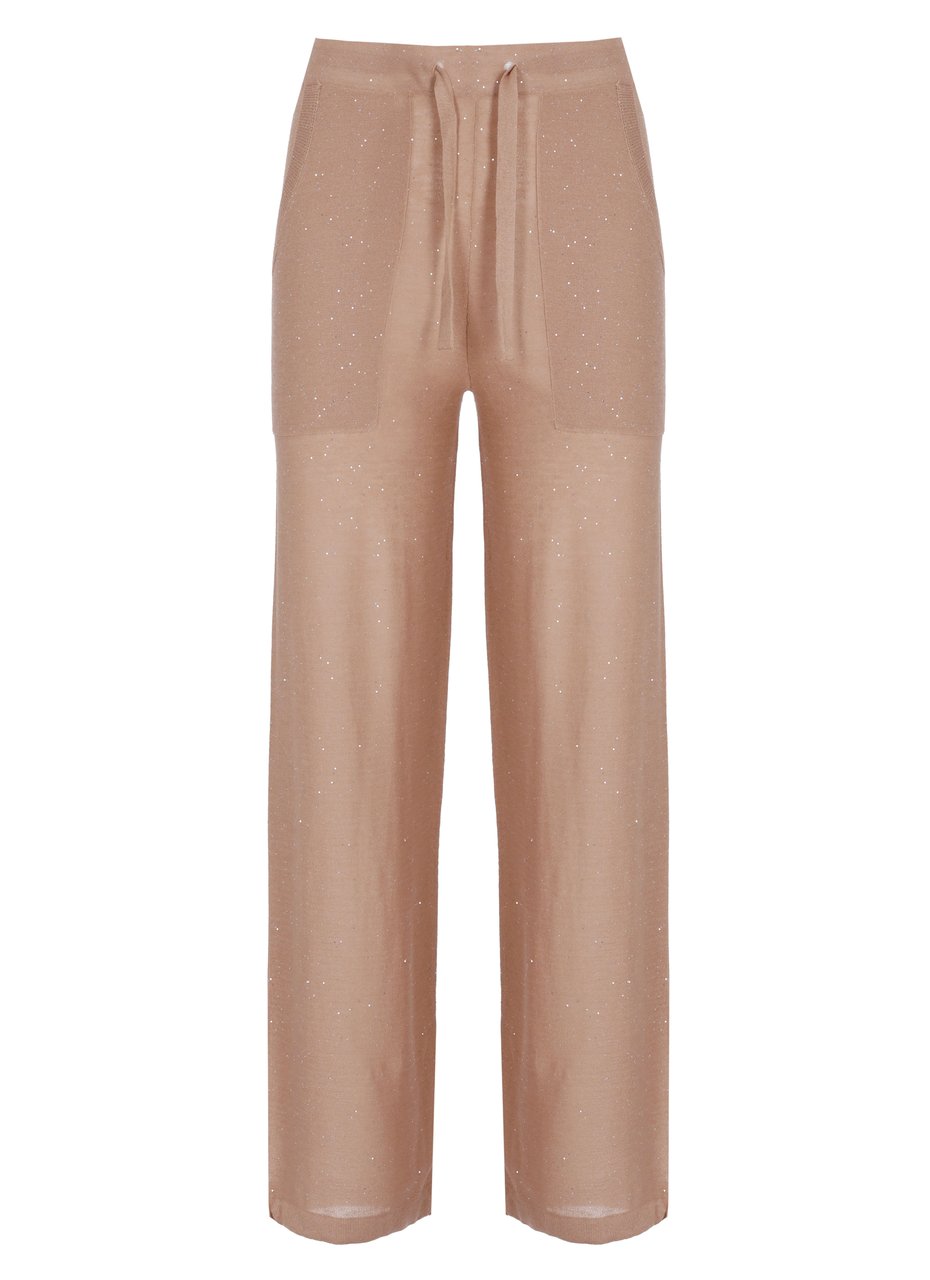 Kangra Beige Viscose Sequined Drawstring Straight-Leg Pants Roze