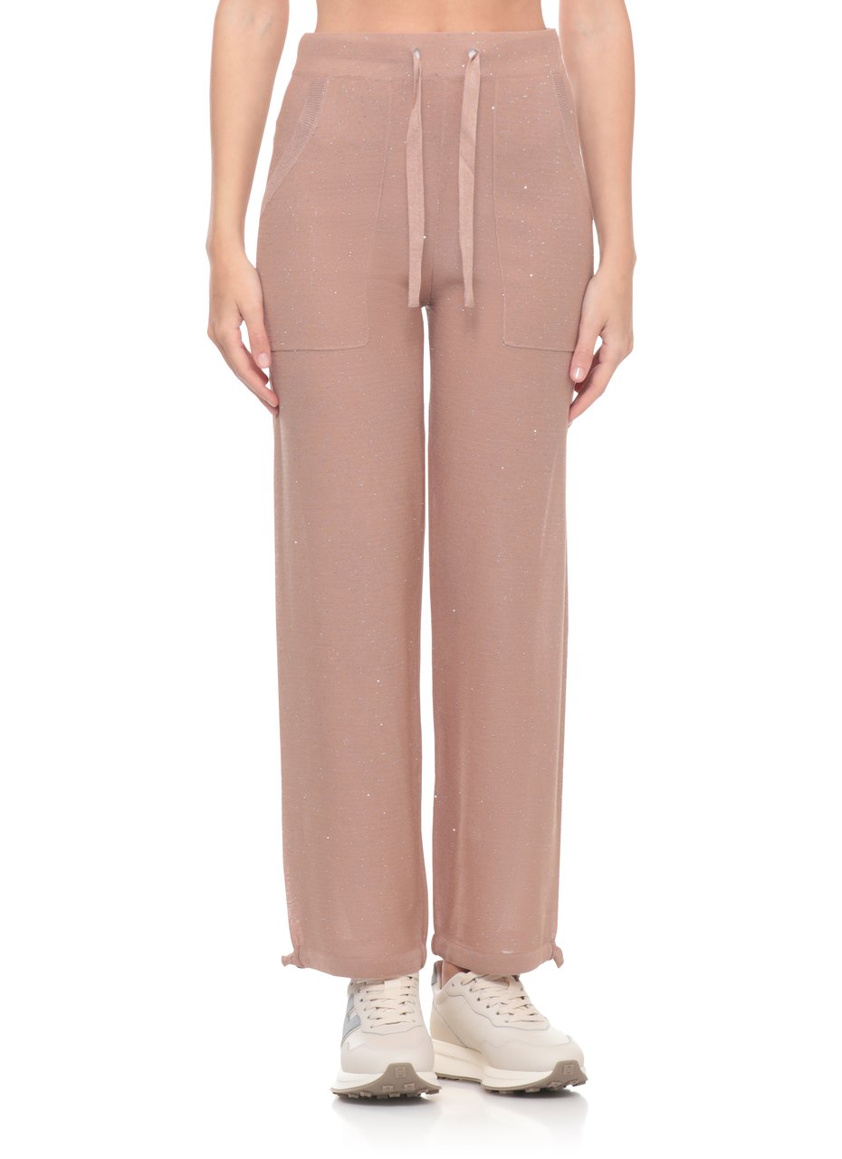 Kangra Beige Viscose Sequined Drawstring Straight-Leg Pants Roze