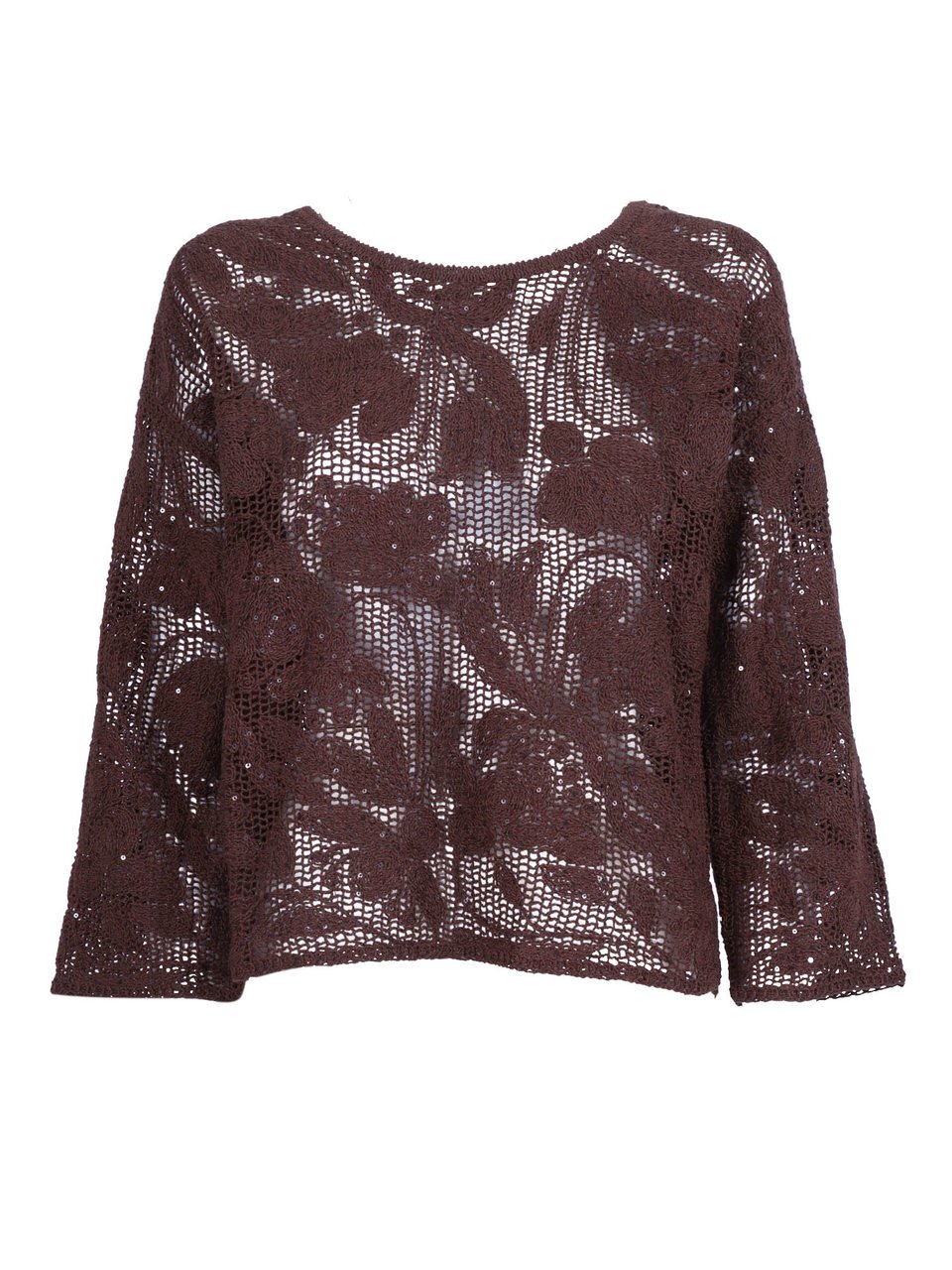 Kangra Cropped Open Knit Sequined Top Maroon